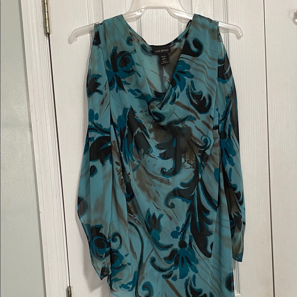 Lane Bryant Teal and Black Abstract asymmetrical Blouse with cut out in arms.